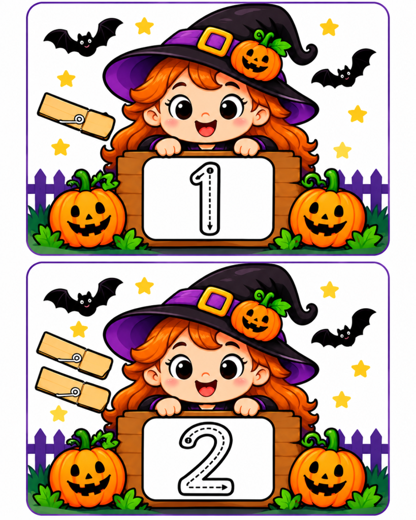 Postacards Design Halloween Numbers 1–20 Clip Cards – Fun Counting & Number Tracing ...