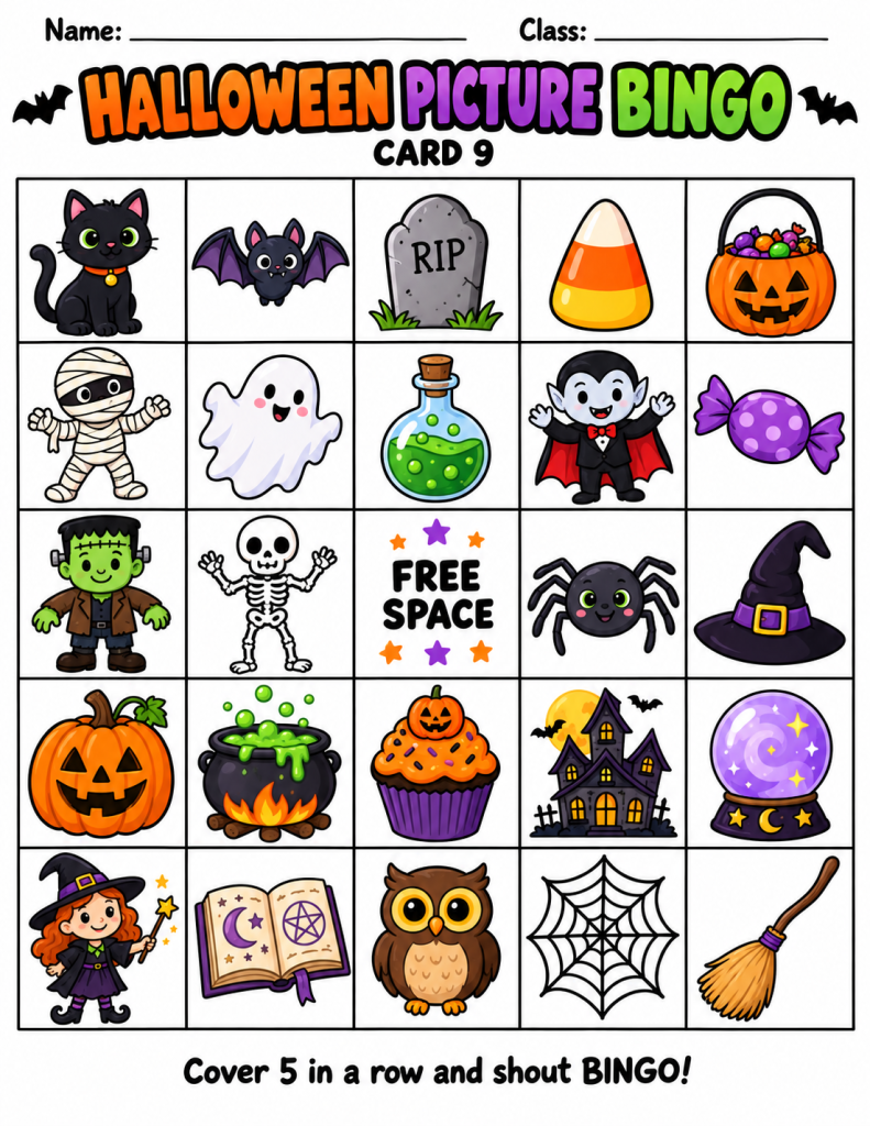 Free Halloween Picture Bingo for Kids – 9 Printable Game Cards ...